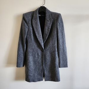Zara XS blazer jacket, long, exaggerated shoulder, 100% wool
